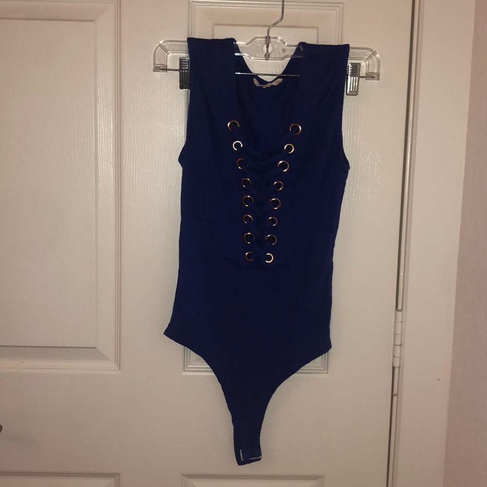 Blue crisscross bodysuit